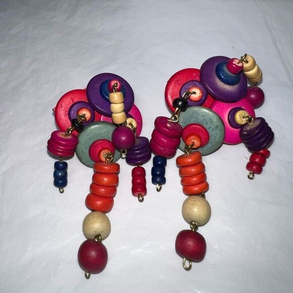 Vintage Tribal Painted Wood Earrings Three Strand Dangle Clip - Picture 3 of 7